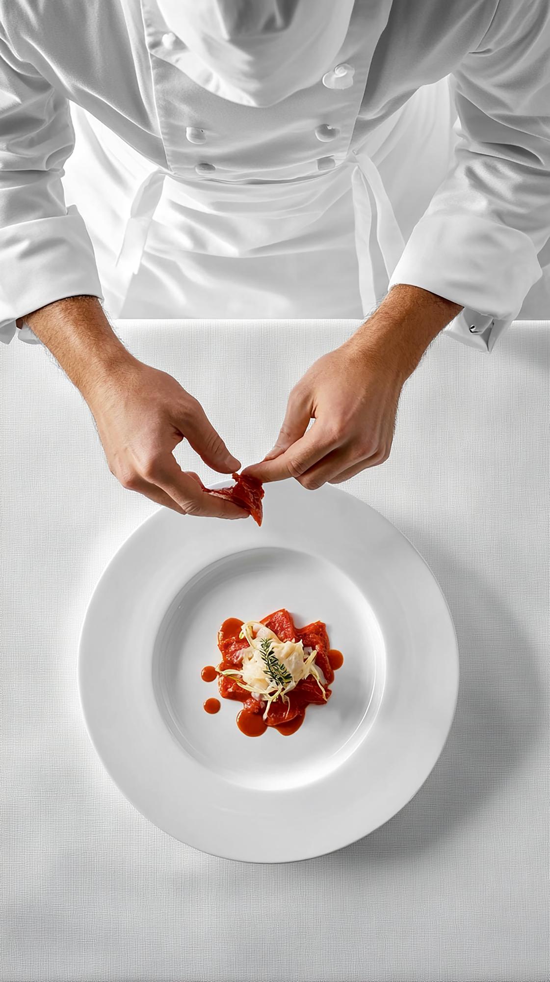 Chef arranging plated course in elegant kitchen